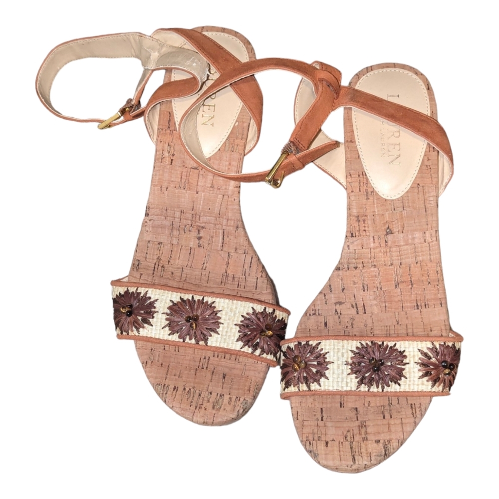 Lauren Ralph Lauren Nubuck/Straw  Odelia Cork Adjustable Ankle Strap Buckle 8B - Picture 2 of 9